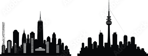 Modern skyline silhouettes of New York and Shanghai cities, urban architecture illustration, famous world landmark cityscape vector design background