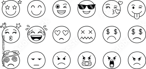 Line Art Emoji Collection Set with Various Facial Expressions on Transparent Background
