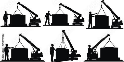Silhouette vector illustration of workers operating crane, lifting heavy container, guiding suspended load, teamwork, safety, construction site, repair, maintenance, and industry