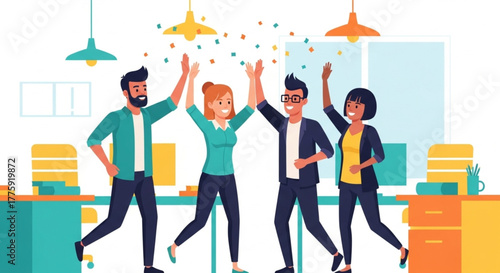 Team members celebrating success with raised hands in a modern office setting for marketing visuals.