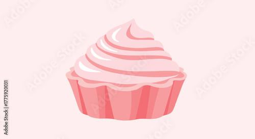 Stylized illustration of a delicious pink cupcake topped with creamy swirled frosting, presented on a soft pastel background.