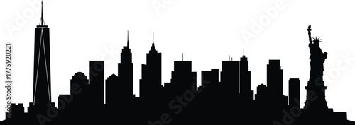 PrintNew York City skyline silhouette with Statue of Liberty and modern skyscrapers, urban cityscape illustration, USA architecture landmark art