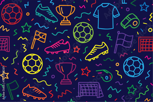 A colorful vector background filled with football themed doodles and icons, featuring balls, goals, whistles, trophies, and playful lines that capture the excitement of the game.