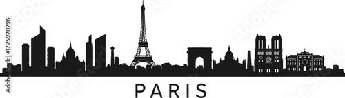 Paris city skyline silhouette with Eiffel Tower, Arc de Triomphe, Notre Dame, black cityscape, urban architecture, travel illustration design