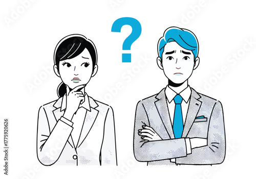Confused business people man and woman question mark uncertainty doubt concern stress - Flat Vector Illustration. Colored vector illustration