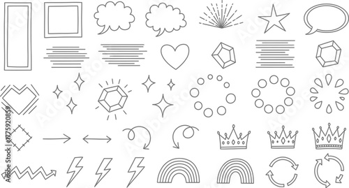 Line art doodle icons, rectangle, square, speech bubble, star, heart, crown and other icons