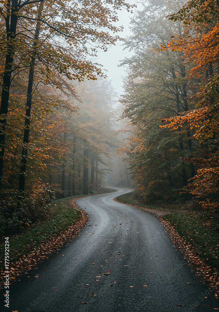 Obraz premium Winding wet asphalt road through a misty autumnal forest with orange and yellow foliage