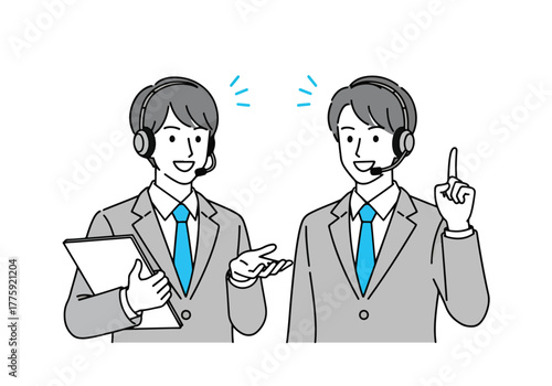 Two businessmen wearing headsets and suits discussing ideas with hand gestures and smiles - Flat Vector Illustration. Colored vector illustration