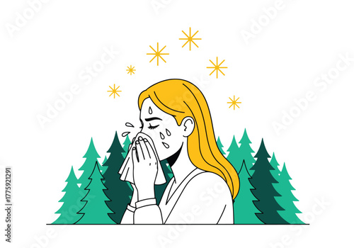 Woman sneezing outdoors among trees caused by pollen allergy seasonal symptoms medical healthcare - Flat Vector Illustration. Colored vector illustration