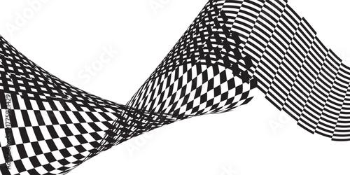 The winding black and white geometric shapes form a dynamic optical illusion that radiates a captivating futuristic energy, as if dancing between reality and perception