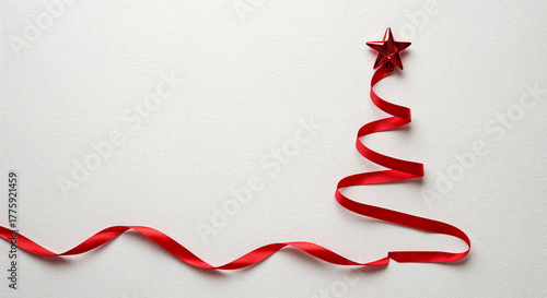Red satin ribbon spiraling to form a minimalist Christmas tree shape topped with a small red star on white