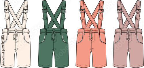 Vector fashion illustration set of traditional Bavarian Lederhosen shorts with adjustable suspenders, presented in various colors for authentic German folk costume design