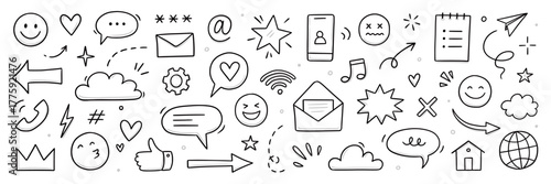Emoji media hand drawn doodle icon set. Internet conversation, media outline tech emoji, star, arrow shape. Hand drawn sketch chat emoticon, digital cloud, smile face elements. Vector illustration
