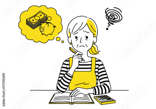 Woman worried about money financial stress thinking of bills and expenses - Flat Vector Illustration. Colored vector illustration