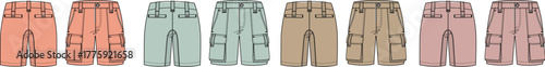 Collection of stylized flat sketches of casual shorts in various colors, perfect for fashion design and apparel mockups