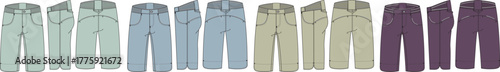 Various denim jeans in different colors, styles, and washes presented in a clean, minimalist fashion illustration