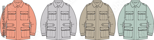 Diverse collection of fashionable utility jackets illustrated in a range of muted colors, perfect for outdoor enthusiasts, casual wear, and practical style