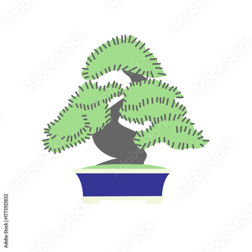 青い鉢に植えられた立派な盆栽のシンプルなベクターイラスト｜日本の伝統美と自然の調和を感じる静かな雰囲気のデザイン素材
