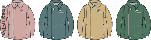 Four different colored jackets, each with a collar and button closure, displayed side by side in a row