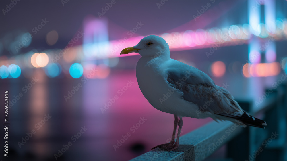 Obraz premium A serene moment captured at the Busan Fireworks Festival, South Korea, where a seagull finds respite, overlooking the illuminated Gwangan Bridge, a vivid display of colors reflecting on the water