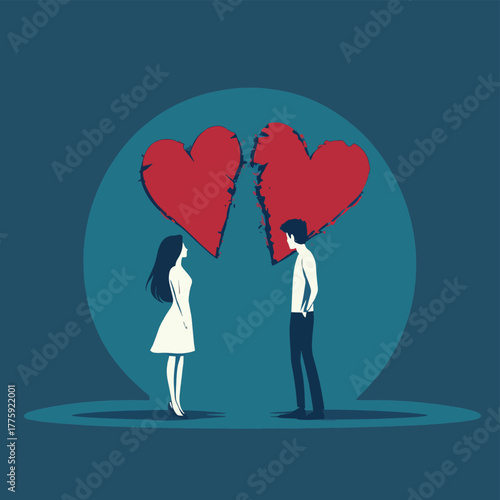 Couple ending relationship heartbreak love symbol broken friendship divorce conflict   , vector style simple color
