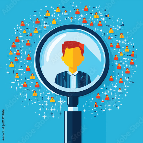 Magnifying Glass Focusing on a Person's Face Illustrating Customer Research User Profile and Target Audience Identification for Business Strategy Development