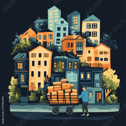 Man pulling cart loaded with many houses urban relocation concept illustration   , vector style simple color