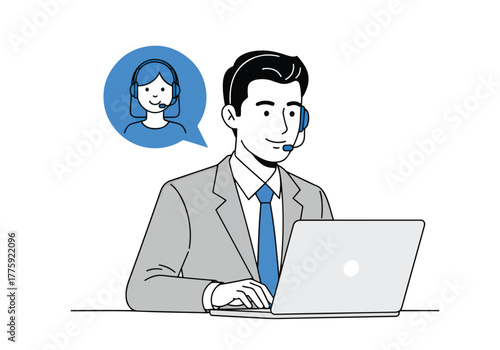 Customer service representative man working on laptop with support icon - Flat Vector Illustration. Colored vector illustration