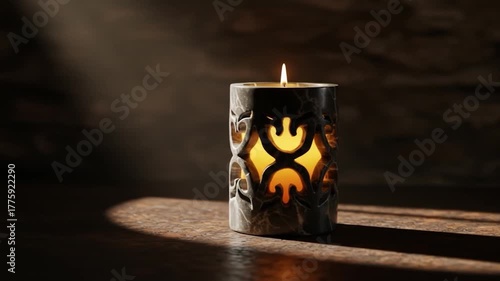 Candle with intricate cutouts, casting warm light and shadows on a textured surface