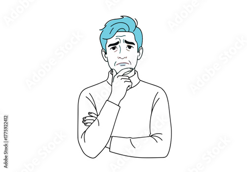 Pensive man thinking deeply with blue highlights in hair considering a difficult decision - Flat Vector Illustration. Colored vector illustration