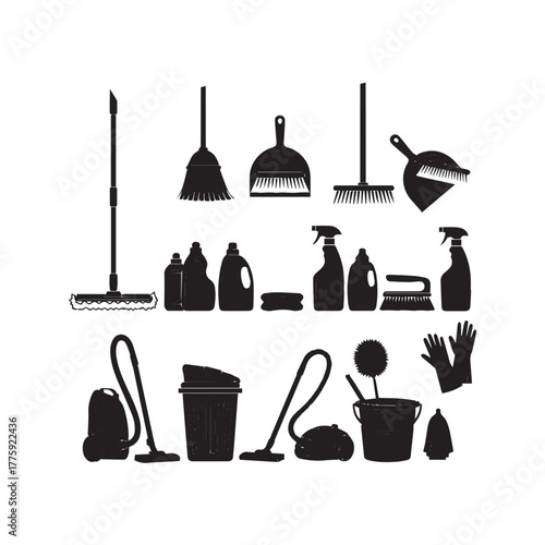 silhouette illustration a collection of cleaning tools including a mop.