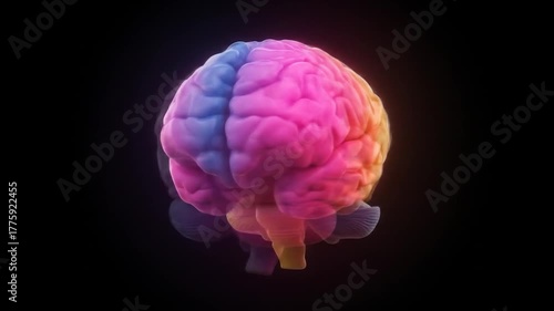 Vibrant, detailed human brain model with a gradient of pink and purple against a dark backdrop
