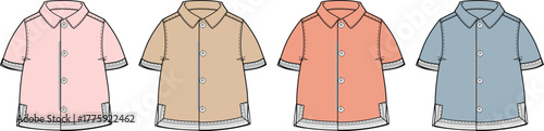 Set of fashion technical flat sketches showing casual short-sleeve collared shirts in four different colorways, a template for apparel design and clothing collections