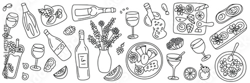 Assortment of food and drink items including wine, oysters, fruits, and salads in a doodle style bottle