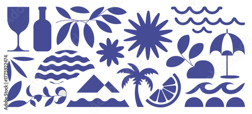 Abstract Summer Beach Elements Collection With Palm Tree And Ocean Waves vector illustration
