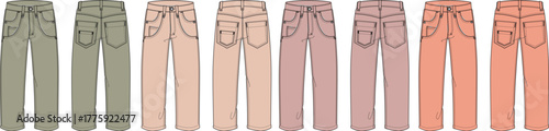 Fashion design template featuring a collection of women's casual pants in a versatile color palette. This technical flat sketch shows front and back views of trousers, perfect for apparel mockups