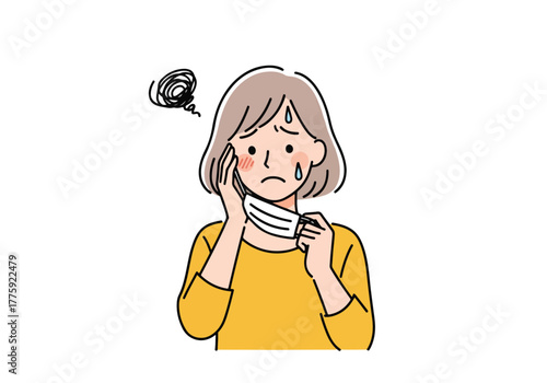 Distressed woman worried about skin condition holding her face in concern - Flat Vector Illustration. Colored vector illustration