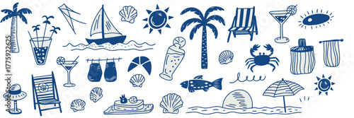 Collection of blue and white hand drawn summer beach vacation icons and elements travel