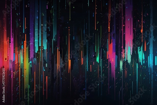 Abstract glitch texture with chaotic digital noise, torn pixels, bright neon colors (blue, purple, red, green), horizontal lines, rendering artifacts, and noise. There should be a glitch effect, disto