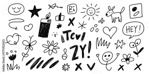 Collection of Hand Drawn Doodle Icons and Symbols with Text drawing