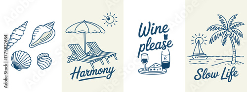 Collection of hand-drawn summer vacation and relaxation themed illustrations seashell conch