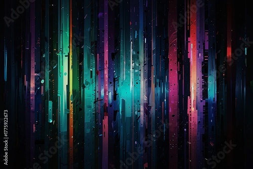 Abstract glitch texture with chaotic digital noise, torn pixels, bright neon colors (blue, purple, red, green), horizontal lines, rendering artifacts, and noise. There should be a glitch effect, disto