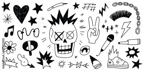 Hand-drawn doodle collage with a punk skull, microphone, and rock and roll symbols music notes flower