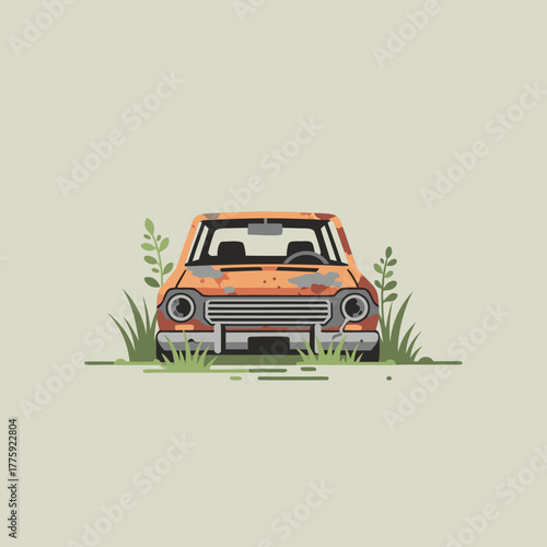 Vintage orange car abandoned in overgrown field, symbolizing nostalgia, decay, and the passage of time with a unique, artistic flair.