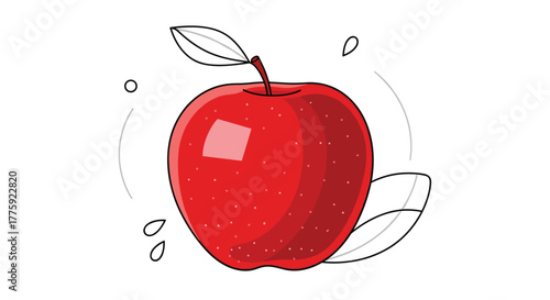 A vibrant red apple illustration with a glossy finish, featuring a stem, outline leaves, and dynamic water elements, symbolizing freshness and health.