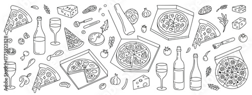 Hand Drawn Pizza and Italian Food Elements with Wine and Ingredients cheese tomato