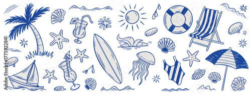 Hand Drawn Summer Beach Elements With Palm Tree Surfboard And Cocktails doodle