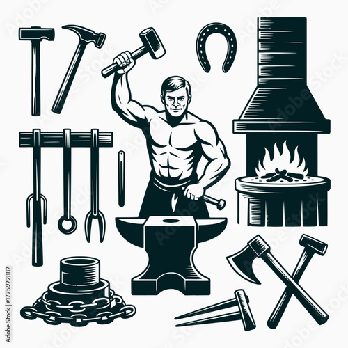 Blacksmith working with hammer and anvil surrounded by tools and forge
