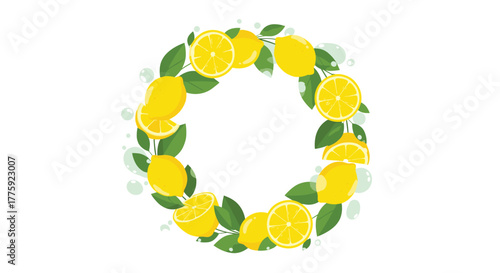 A vibrant circular wreath featuring fresh whole and sliced lemons, green leaves, and subtle bubbles, set against a clean white background.
