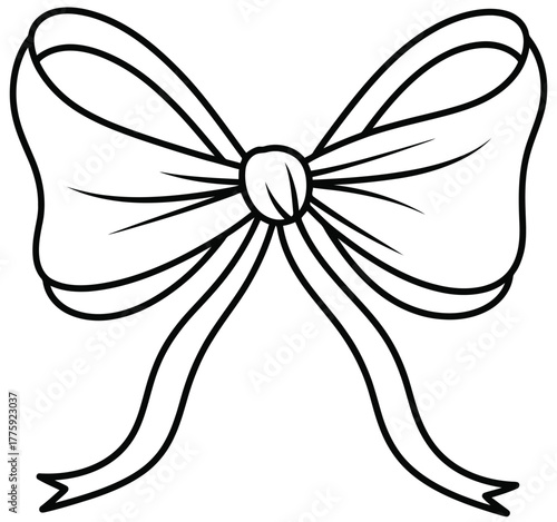 Simple black and white outline drawing of a bow Keywords: bow, ribbon, gift, present, decoration, celebration, accessory, fashion, design